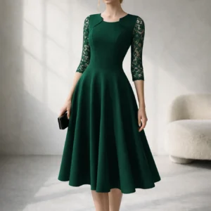 Emerald Green Lace Sleeve Midi Dress