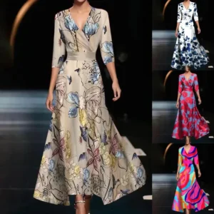 Beige Floral V Neck 3/4 Sleeve Maxi Dress
