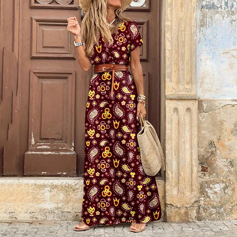 Boho Floral V Neck Belted Maxi Dress - Image 2