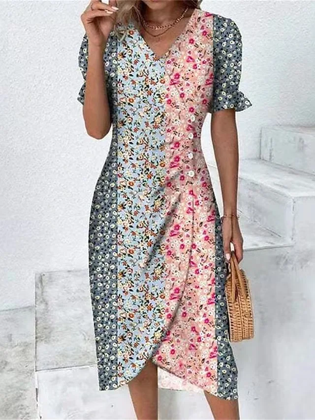 Green Floral V Neck Button Ruched Midi Dress - Image 23