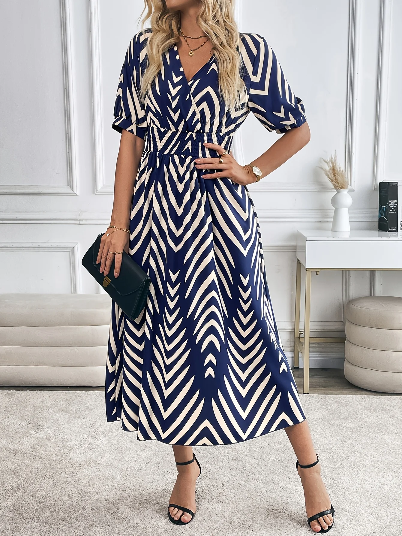 Navy Geometric V Neck Short Sleeve Maxi Dress - Image 5