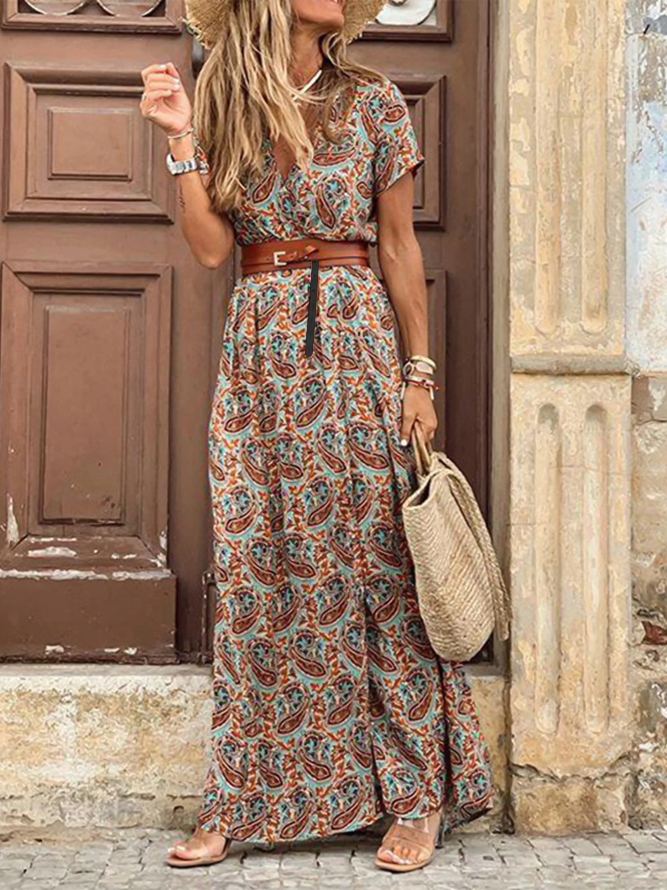 Boho Floral V Neck Belted Maxi Dress - Image 8