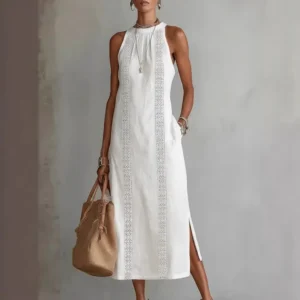 White Halter Lace Trimmed Linen Maxi Dress