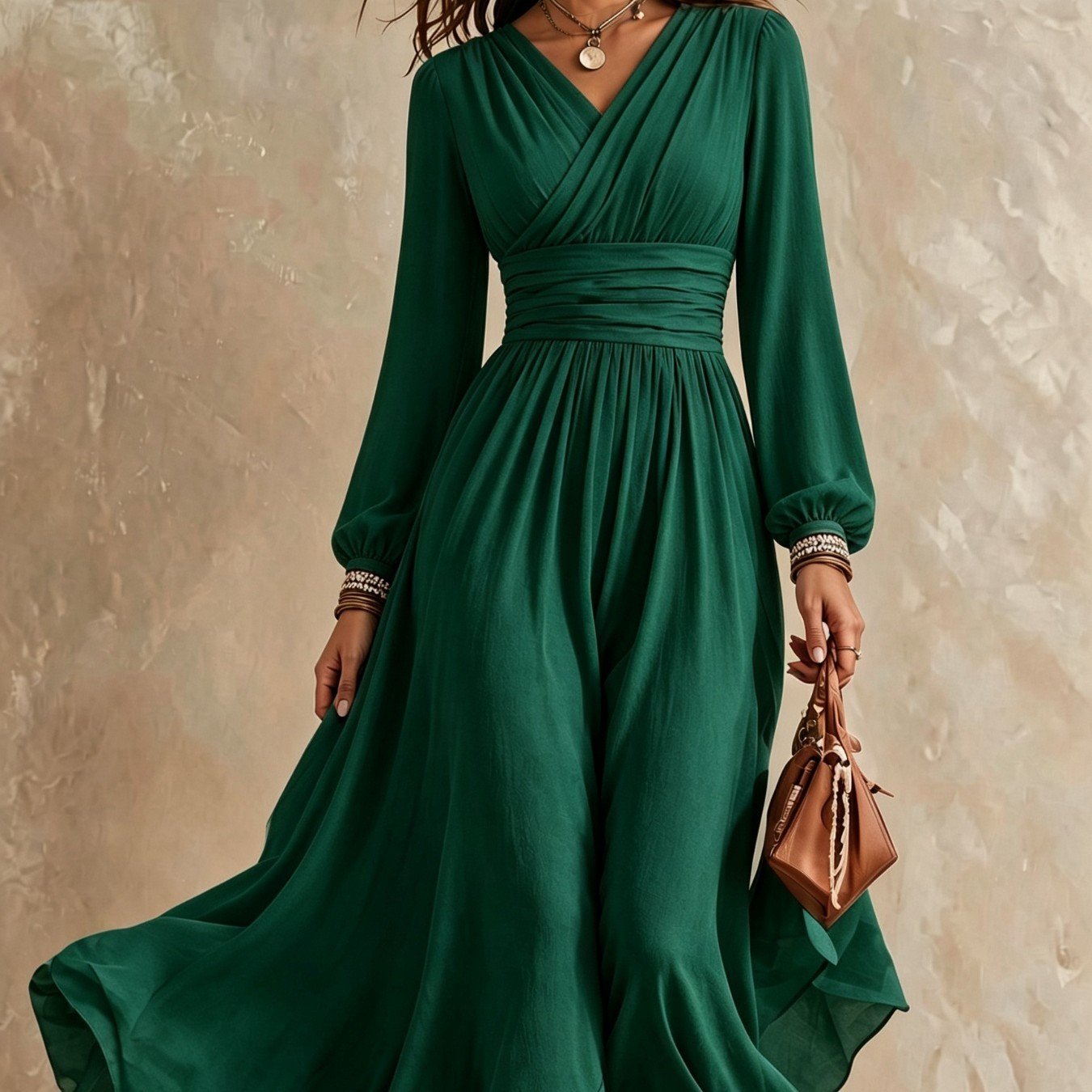 Emerald Green V Neck Long Sleeve Maxi Dress